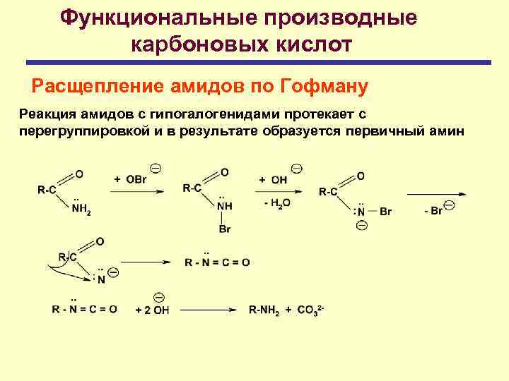 Функциональные производные карбоновых кислот Расщепление амидов по Гофману Реакция амидов с гипогалогенидами протекает с