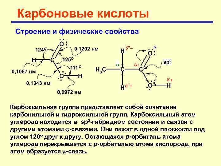 Карбоновые кислоты Строение и физические свойства Карбоксильная группа представляет собой сочетание карбонильной и гидроксильной