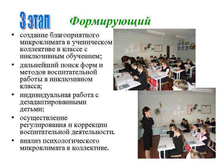 Формирующий • создание благоприятного микроклимата в ученическом коллективе в классе с инклюзивным обучением; •