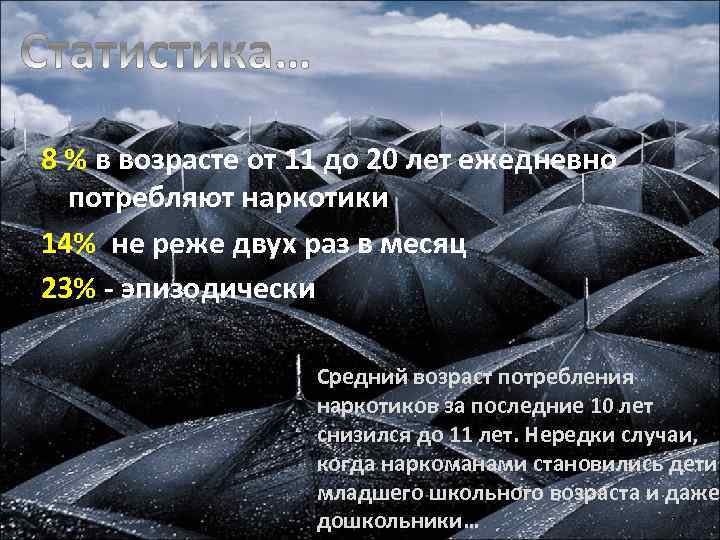 8 % в возрасте от 11 до 20 лет ежедневно потребляют наркотики 14% не