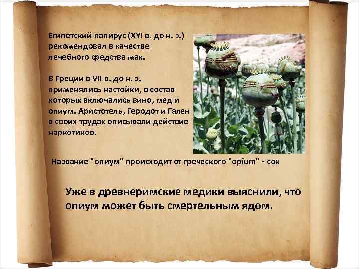 Египетский папирус (XYI в. до н. э. ) рекомендовал в качестве лечебного средства мак.