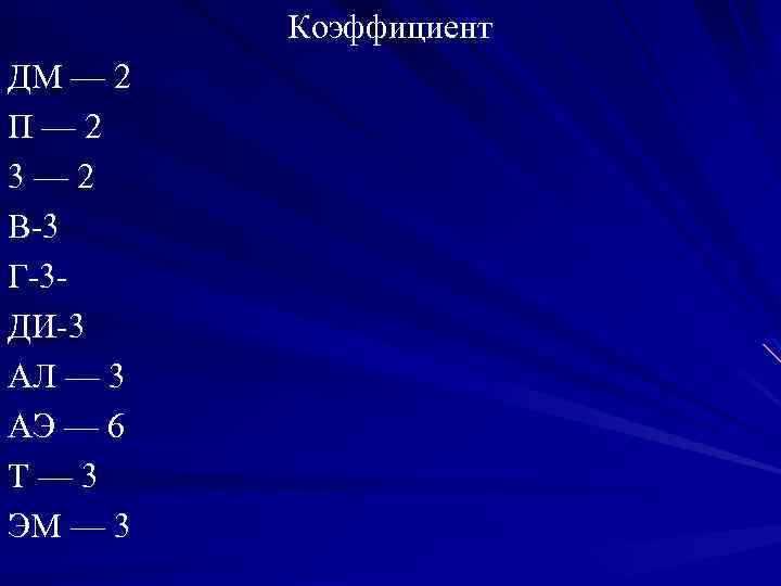 Коэффициент ДМ — 2 П— 2 3— 2 В 3 Г 3 ДИ 3