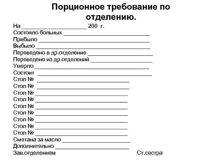 Образцы заполнения порционного требования