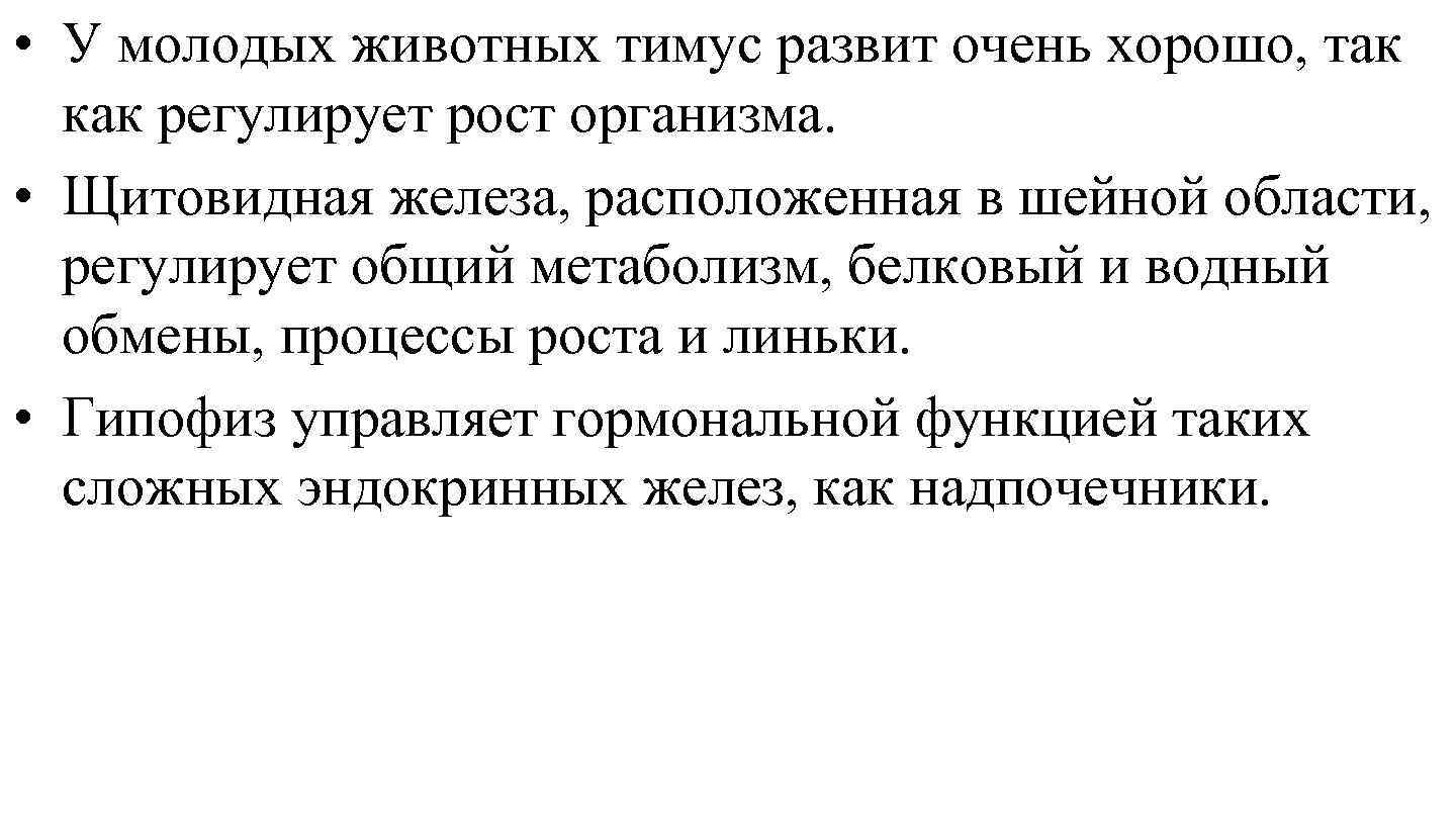  • У молодых животных тимус развит очень хорошо, так как регулирует рост организма.