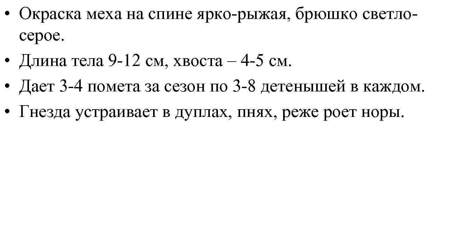  • Окраска меха на спине ярко-рыжая, брюшко светлосерое. • Длина тела 9 -12