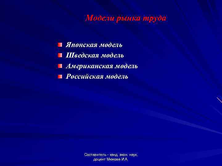 Модели рынка труда Японская модель Шведская модель Американская модель Российская модель Составитель - канд.