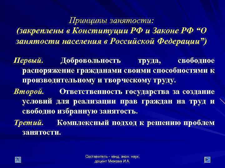 Принципы занятости: (закреплены в Конституции РФ и Законе РФ “О занятости населения в Российской