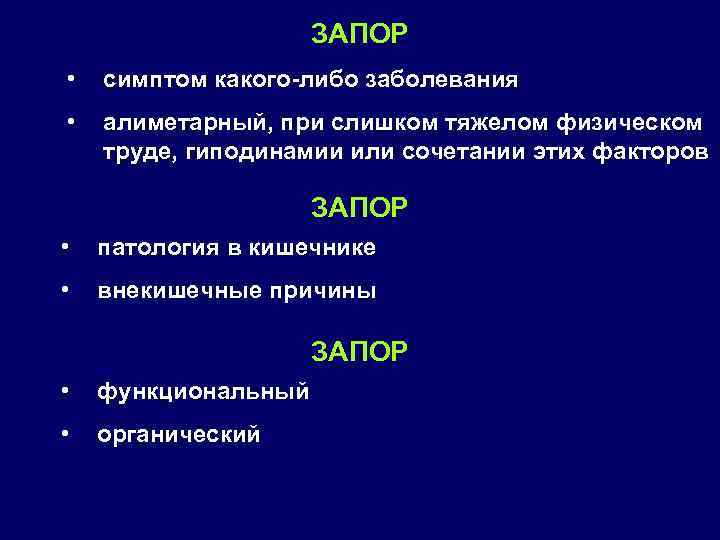 ЗАПОР • симптом какого-либо заболевания • алиметарный, при слишком тяжелом физическом труде, гиподинамии или