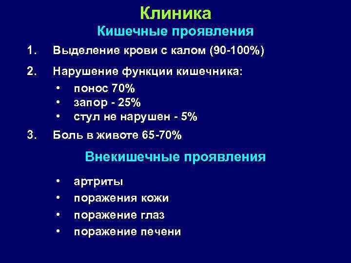 Клиника Кишечные проявления 1. Выделение крови с калом (90 100%) 2. Нарушение функции кишечника: