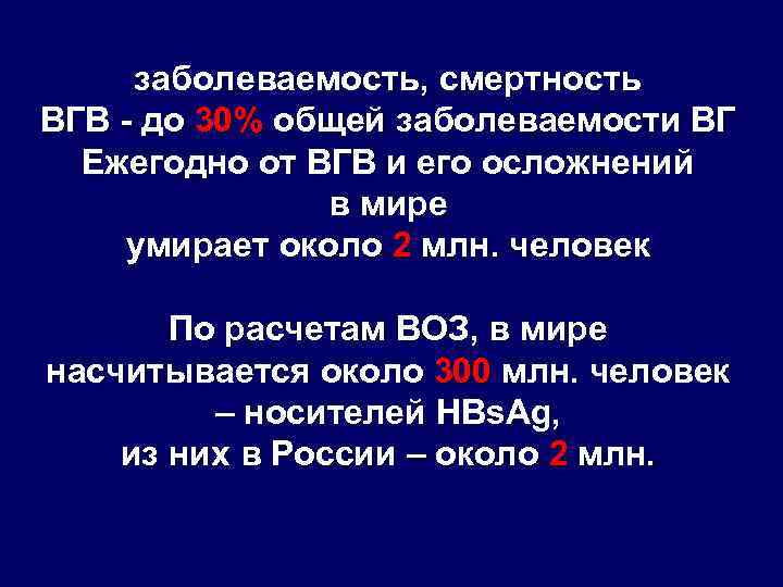 заболеваемость, смертность ВГB до 30% общей заболеваемости ВГ Ежегодно от ВГB и его осложнений