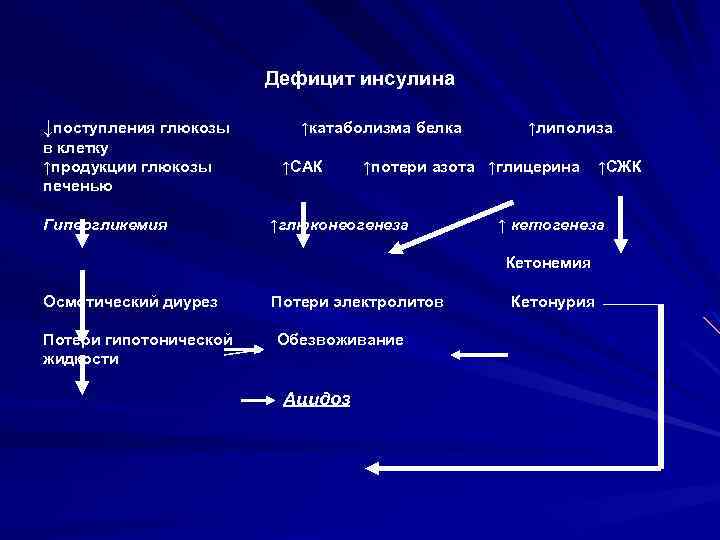 Дефицит инсулина ↓поступления глюкозы в клетку ↑продукции глюкозы печенью Гипергликемия ↑катаболизма белка ↑САК ↑липолиза