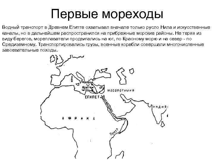 Первые мореходы Водный транспорт в Древнем Египте охватывал вначале только русло Нила и искусственные