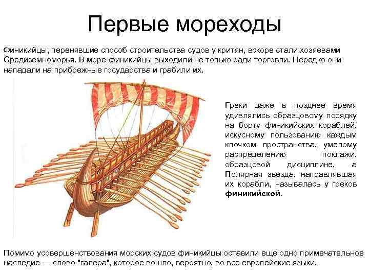 Первые мореходы Финикийцы, перенявшие способ строительства судов у критян, вскоре стали хозяевами Средиземноморья. В