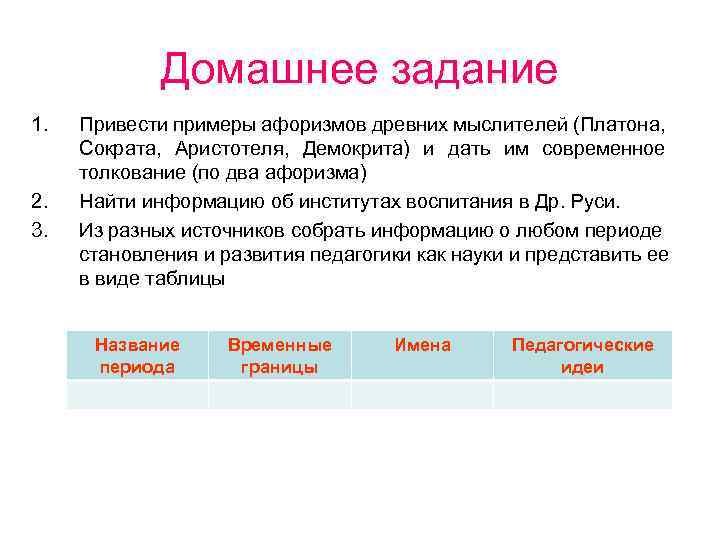 Домашнее задание 1. 2. 3. Привести примеры афоризмов древних мыслителей (Платона, Сократа, Аристотеля, Демокрита)