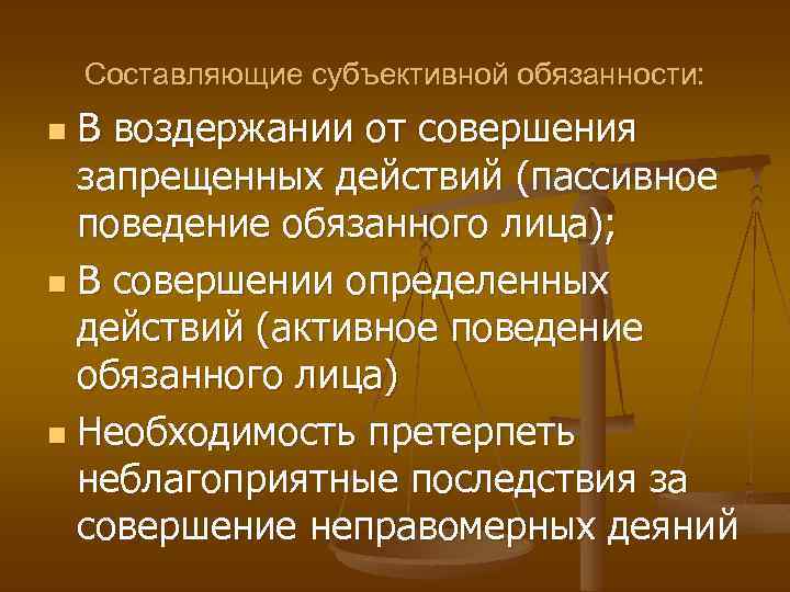 Составляющие субъективной обязанности: В воздержании от совершения запрещенных действий (пассивное поведение обязанного лица); n
