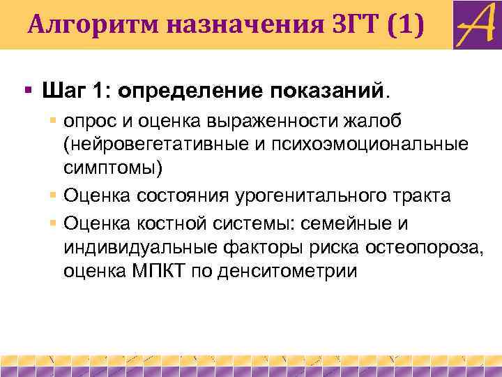 Алгоритм назначения ЗГТ (1) § Шаг 1: определение показаний. § опрос и оценка выраженности