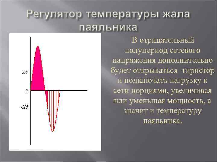 В отрицательный полупериод сетевого напряжения дополнительно будет открываться тиристор и подключать нагрузку к сети