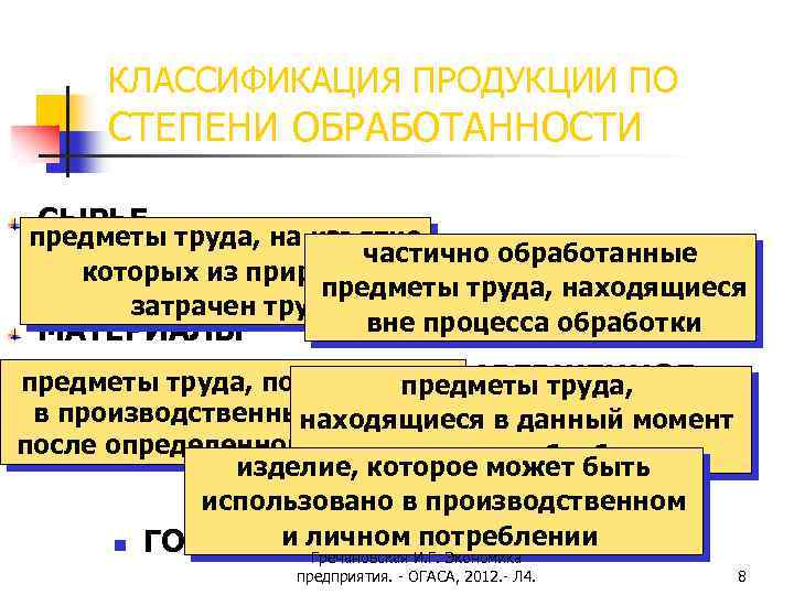 КЛАССИФИКАЦИЯ ПРОДУКЦИИ ПО СТЕПЕНИ ОБРАБОТАННОСТИ СЫРЬЕ предметы труда, на изъятие частично обработанные которых из