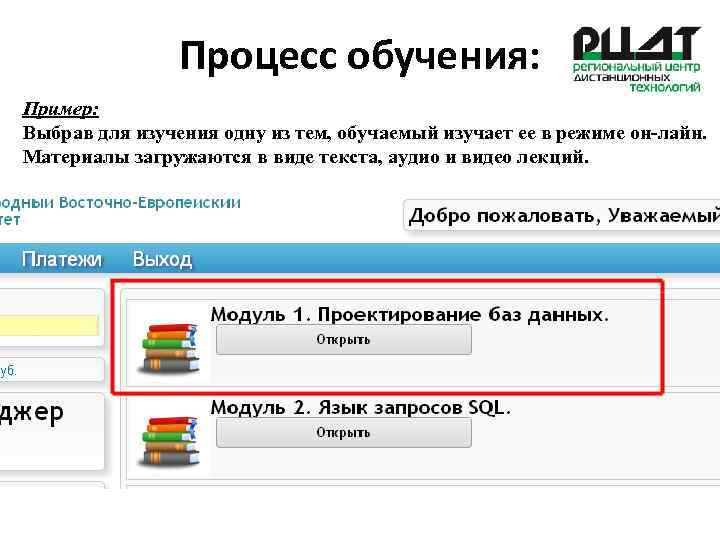 Процесс обучения: Пример: Выбрав для изучения одну из тем, обучаемый изучает ее в режиме