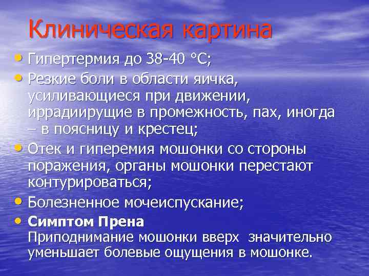 Клиническая картина • Гипертермия до 38 -40 °С; • Резкие боли в области яичка,