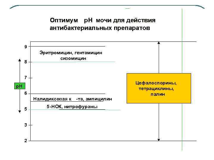 Оптимум p. H мочи для действия Оптимум антибактериальных препаратов 9 8 Эритромицин, гентамицин сизомицин