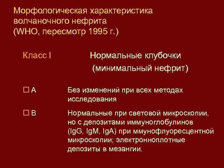 Морфологическая характеристика волчаночного нефрита (WHO, пересмотр 1995 г. ) Класc I Нормальные клубочки (минимальный