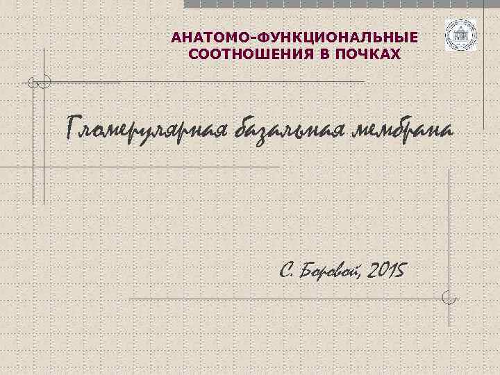 АНАТОМО-ФУНКЦИОНАЛЬНЫЕ СООТНОШЕНИЯ В ПОЧКАХ Гломерулярная базальная мембрана С. Боровой, 2015 