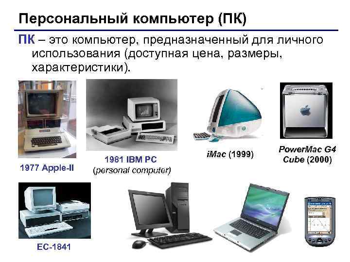 Персональный компьютер (ПК) ПК – это компьютер, предназначенный для личного использования (доступная цена, размеры,