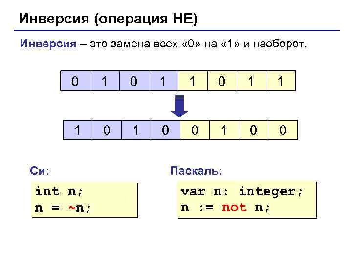 Инверсия (операция НЕ) Инверсия – это замена всех « 0» на « 1» и