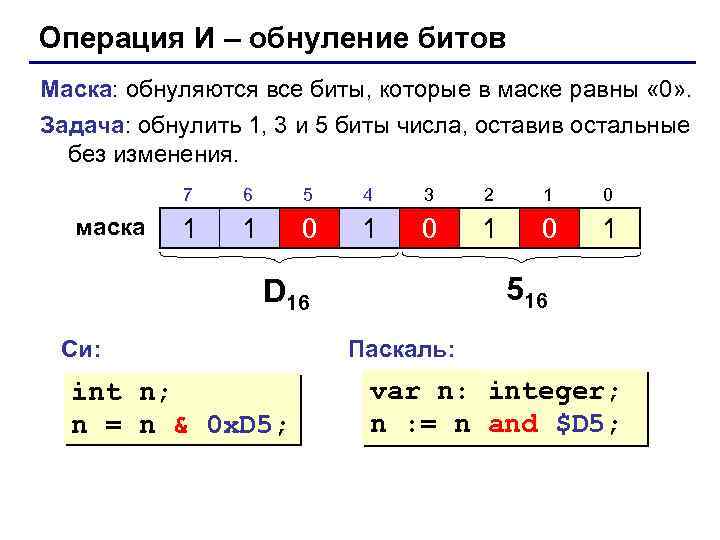 Операция И – обнуление битов Маска: обнуляются все биты, которые в маске равны «