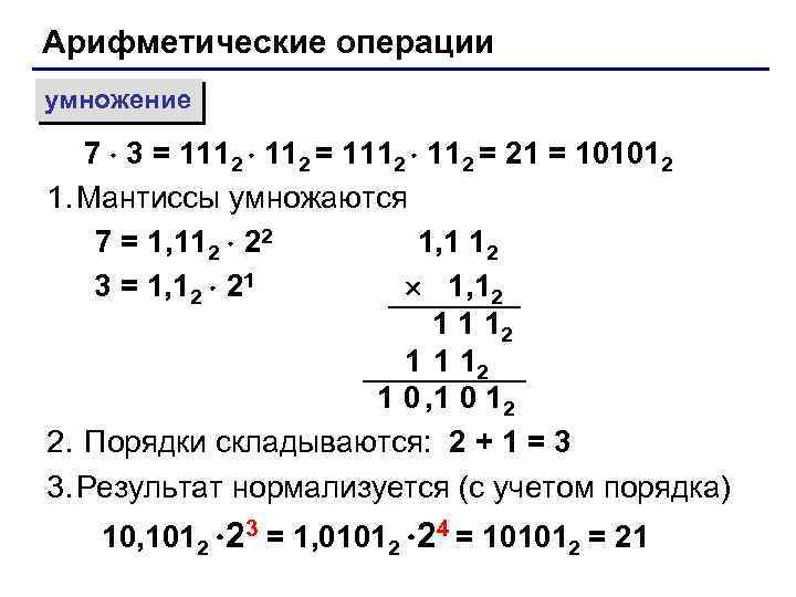 Арифметические операции умножение 7 3 = 1112 = 21 = 101012 1. Мантиссы умножаются