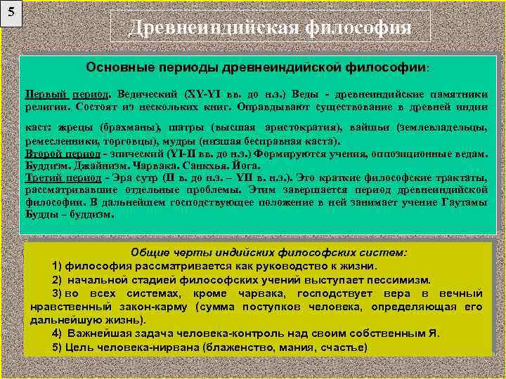 5 Древнеиндийская философия Основные периоды древнеиндийской философии: Первый период. Ведический (XY-YI вв. до н.