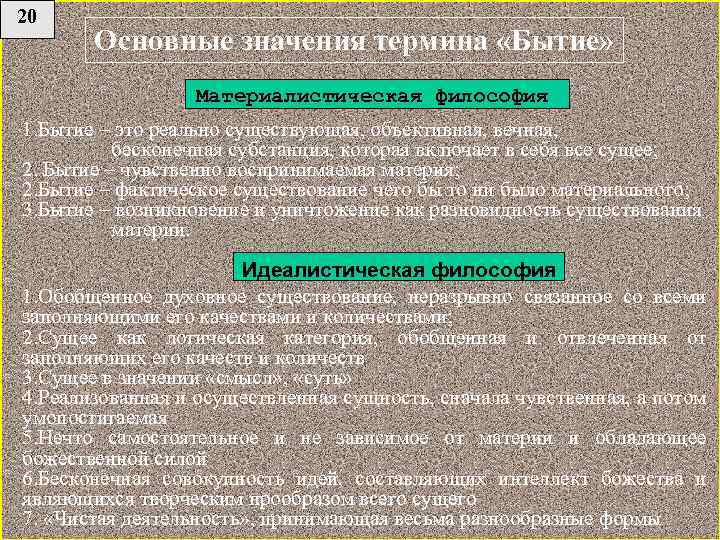 20 Основные значения термина «Бытие» Материалистическая философия 1. Бытие – это реально существующая, объективная,