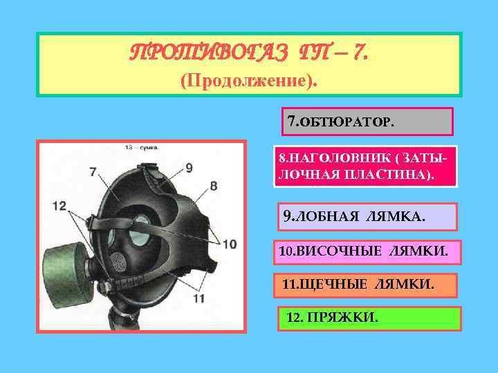 ПРОТИВОГАЗ ГП – 7. (Продолжение). 7. ОБТЮРАТОР. 8. НАГОЛОВНИК ( ЗАТЫЛОЧНАЯ ПЛАСТИНА). 9. ЛОБНАЯ