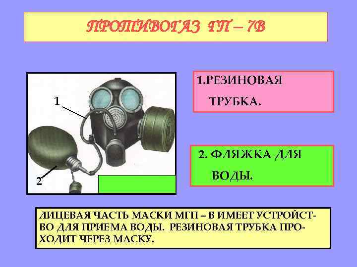 ПРОТИВОГАЗ ГП – 7 В 1. РЕЗИНОВАЯ 1 ТРУБКА. 2. ФЛЯЖКА ДЛЯ 2 ВОДЫ.