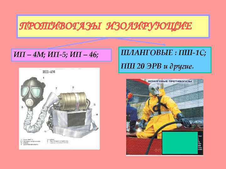 ПРОТИВОГАЗЫ ИЗОЛИРУЮЩИЕ ИП – 4 М; ИП-5; ИП – 46; ШЛАНГОВЫЕ : ПШ-1 С;