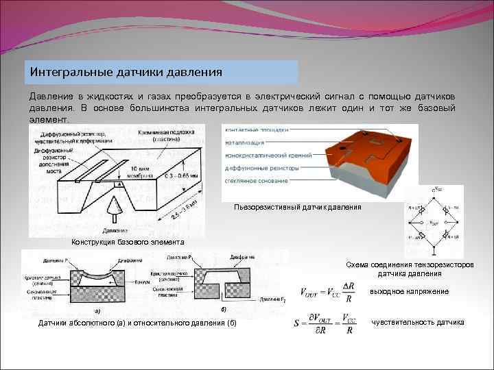 Интегральные датчики давления Давление в жидкостях и газах преобразуется в электрический сигнал с помощью