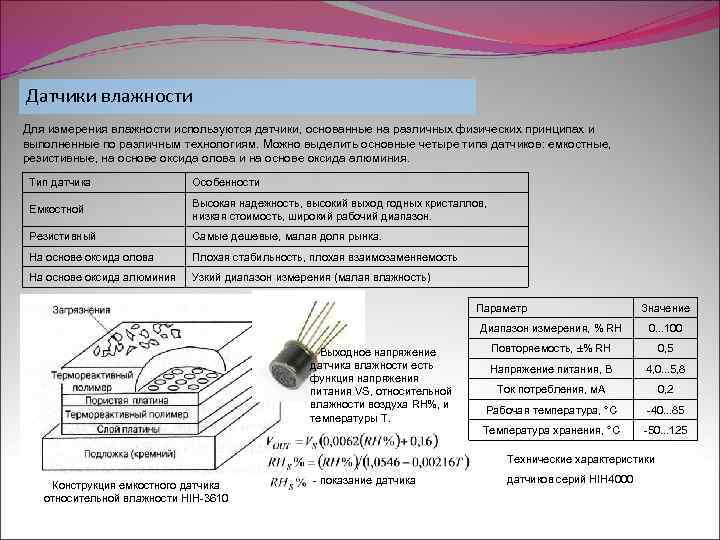 Датчики влажности Для измерения влажности используются датчики, основанные на различных физических принципах и выполненные