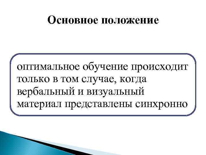 Основное положение оптимальное обучение происходит только в том случае, когда вербальный и визуальный материал