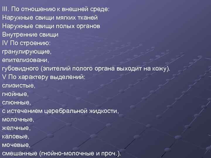 III. По отношению к внешней среде: Наружные свищи мягких тканей Наружные свищи полых органов