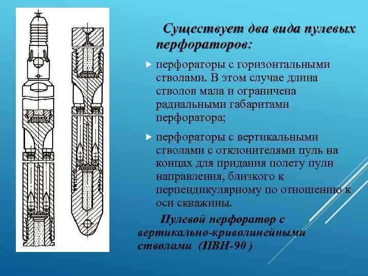 Существует два вида пулевых перфораторов: перфораторы с горизонтальными стволами. В этом случае длина стволов
