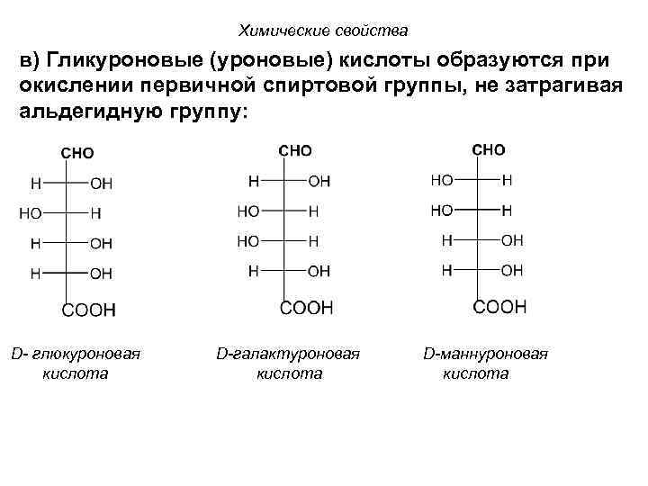 Химические свойства в) Гликуроновые (уроновые) кислоты образуются при окислении первичной спиртовой группы, не затрагивая
