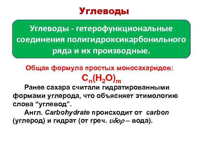 Углеводы Моносахариды Углеводы - гетерофункциональные соединения полигидроксикарбонильного ряда и их производные. Общая формула простых