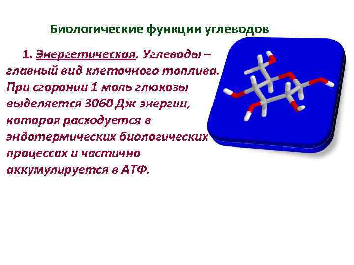 Биологические функции углеводов 1. Энергетическая. Углеводы – главный вид клеточного топлива. При сгорании 1