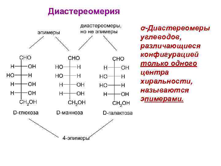 Диастереомерия σ-Диастереомеры углеводов, различающиеся конфигурацией только одного центра хиральности, называются эпимерами. 