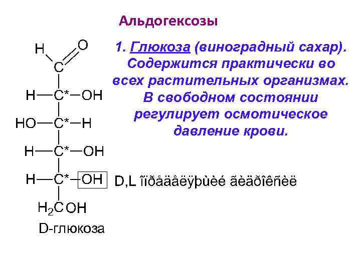 Альдогексозы 1. Глюкоза (виноградный сахар). Содержится практически во всех растительных организмах. В свободном состоянии