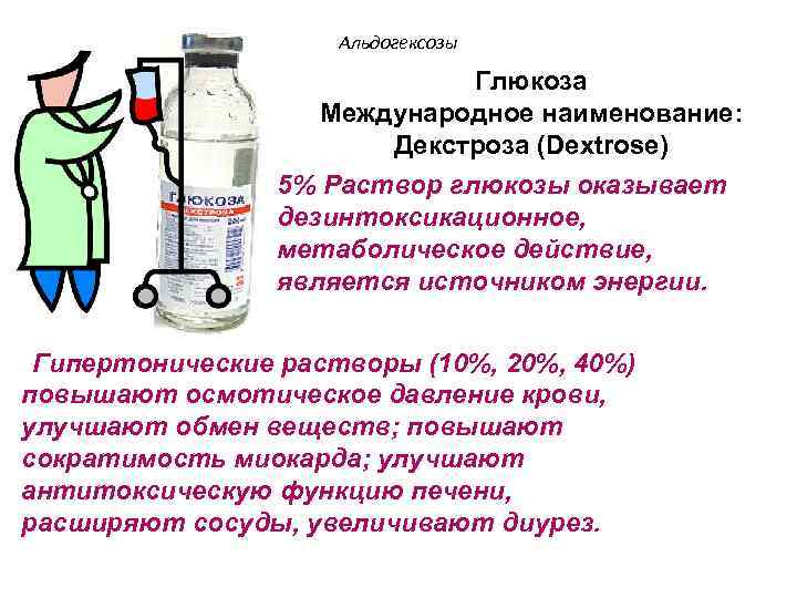 Альдогексозы Глюкоза Международное наименование: Декстроза (Dextrose) 5% Раствор глюкозы оказывает дезинтоксикационное, метаболическое действие, является