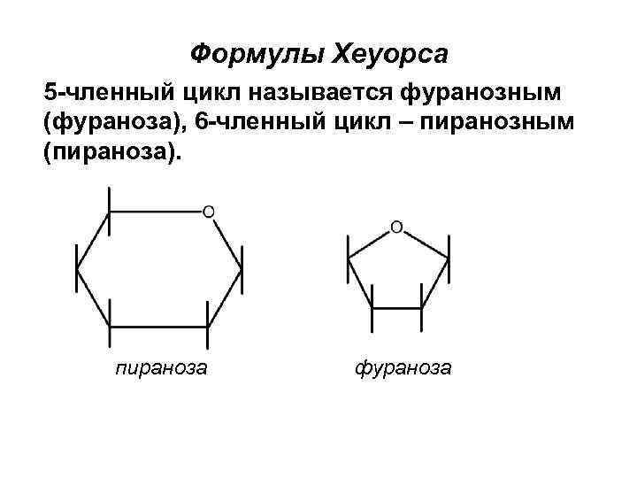 Формулы Хеуорса 5 -членный цикл называется фуранозным (фураноза), 6 -членный цикл – пиранозным (пираноза).