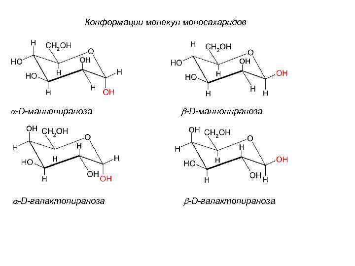 Конформации молекул моносахаридов a-D-маннопираноза b-D-маннопираноза a-D-галактопираноза b-D-галактопираноза 