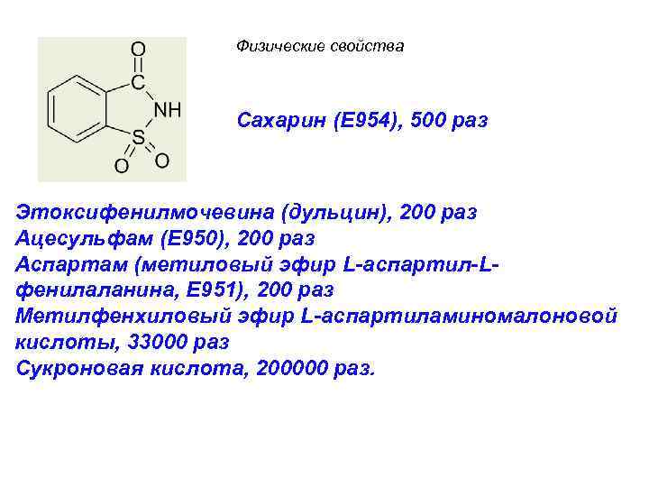 Физические свойства Сахарин (E 954), 500 раз Этоксифенилмочевина (дульцин), 200 раз Ацесульфам (E 950),
